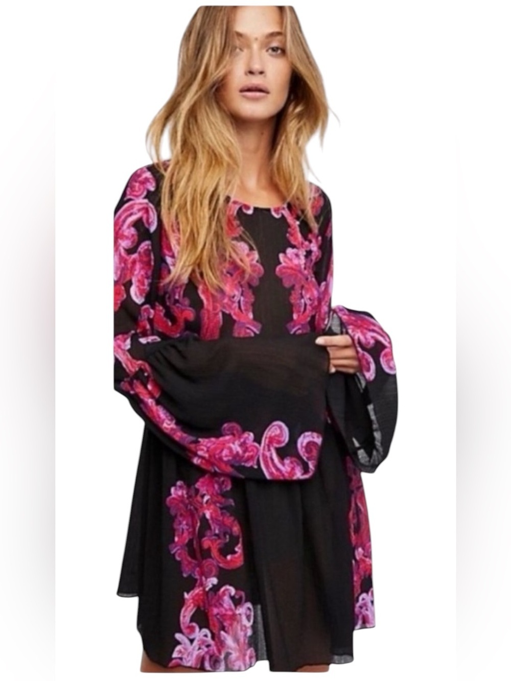 Free People Babydoll Oversized Bell Sleeved Bohemian Sheer Gypsy Tunic. EUC